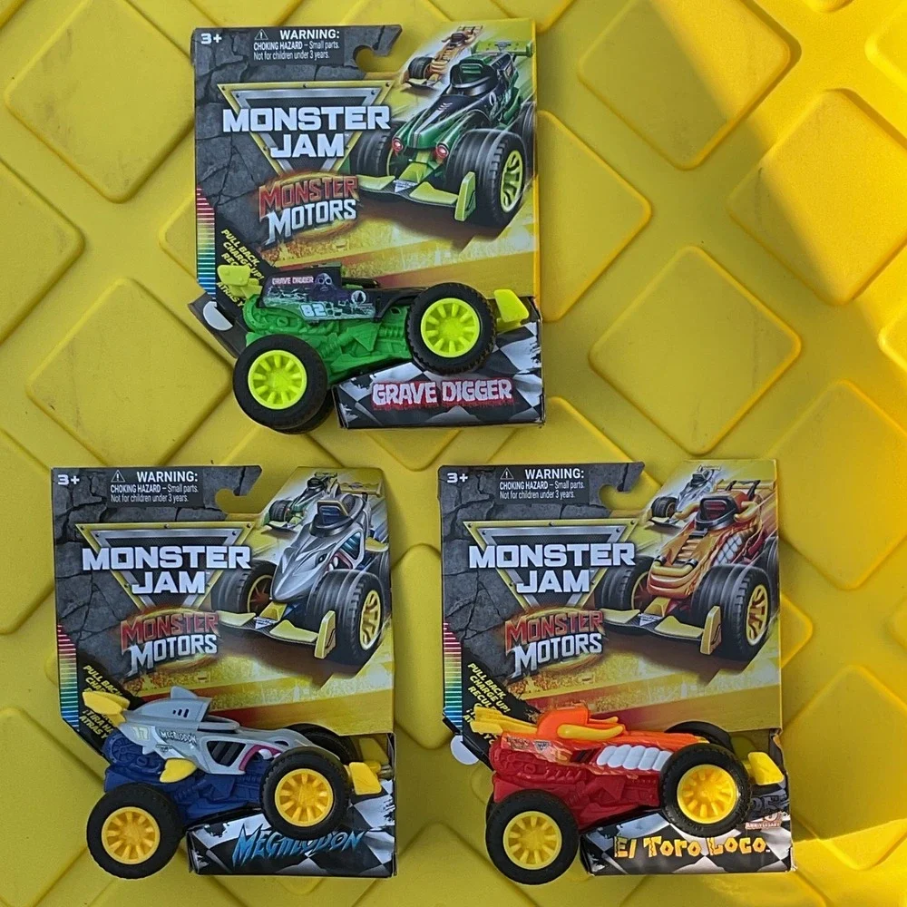 Monster Jam Monster Motors Pull Back Truck Set Grave Digger El Toro  Megaladon